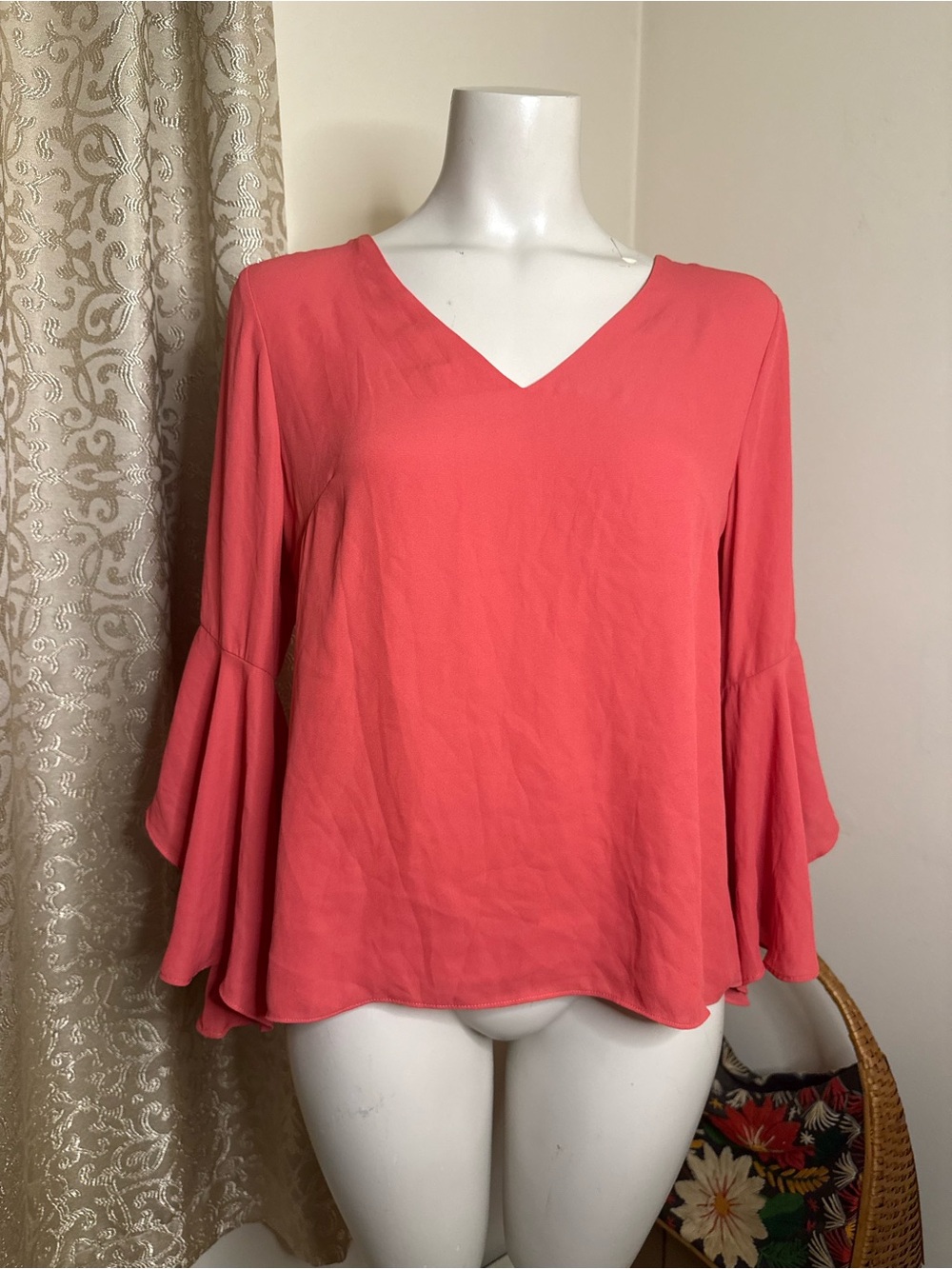 White House Black Market Coral V-Neck Bell Sleeve Blouse